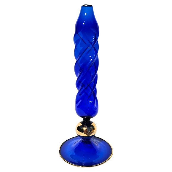 Vintage Cobalt Blue Glass Oil Lamp Candlestick with Gold Accents‎ - Picture 1 of 10